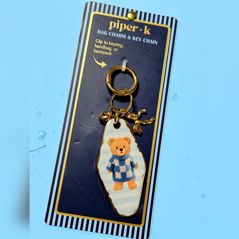 NEW Piper K Blue and Gold Teddy Bear Bag Charm Keychain NWT - Picture 1 of 3